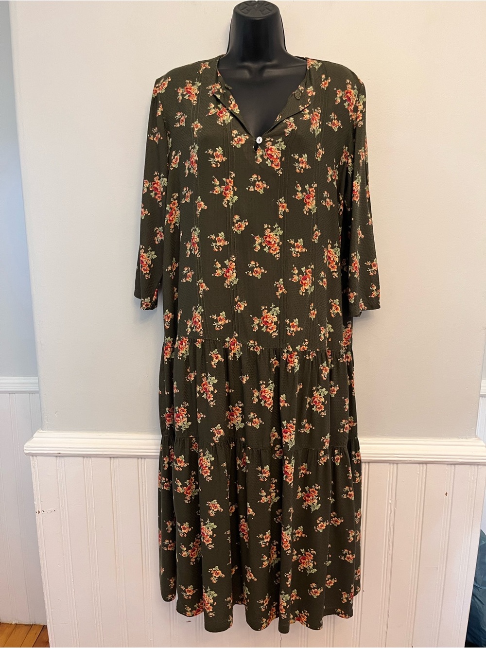 April Cornell Olive Floral Pin-tucked Tiered Midi Dress, Size Small